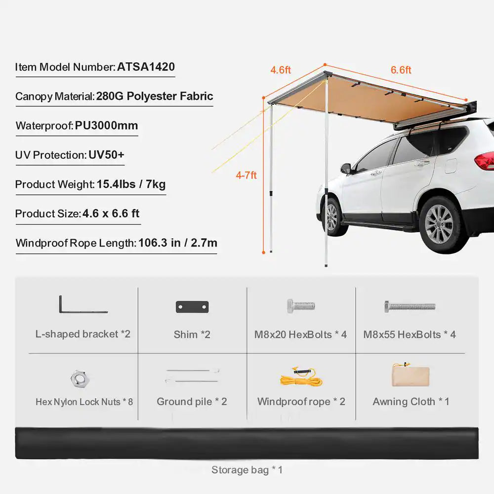 4.6 Ft. X 6.6 Ft. Car Side Awning, Retractable Vehicle Shade with UV50+ Waterproof Storage Bag, Suitable for Truck, SUV