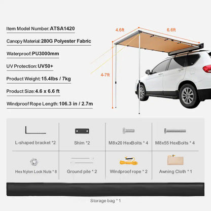 4.6 Ft. X 6.6 Ft. Car Side Awning, Retractable Vehicle Shade with UV50+ Waterproof Storage Bag, Suitable for Truck, SUV